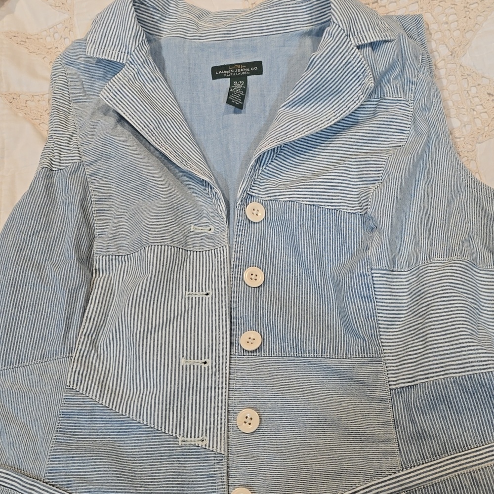 Ralph Lauren Patchwork Pinstripe Button Vest in Light Blue
